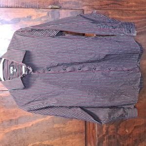 Apt.9 button-down long-sleeved shirt, size M. Black, dark red, white stripes.